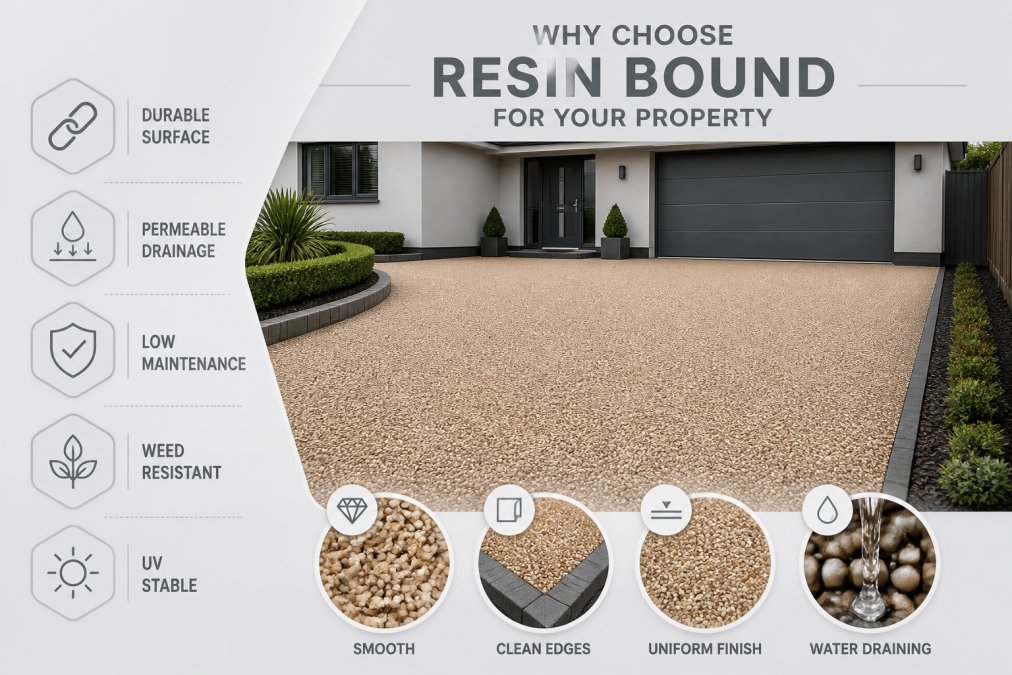 Finished resin bound driveway with decorative aggregate stones in warm tones, showing smooth professional aesthetic appearance with clean edges and uniform surface texture