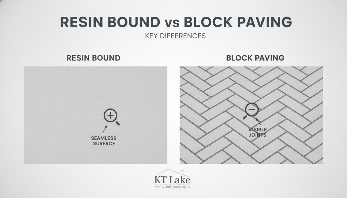 Close-up comparison showing seamless resin bound surface next to individual concrete paving blocks with visible joints on a residential driveway
