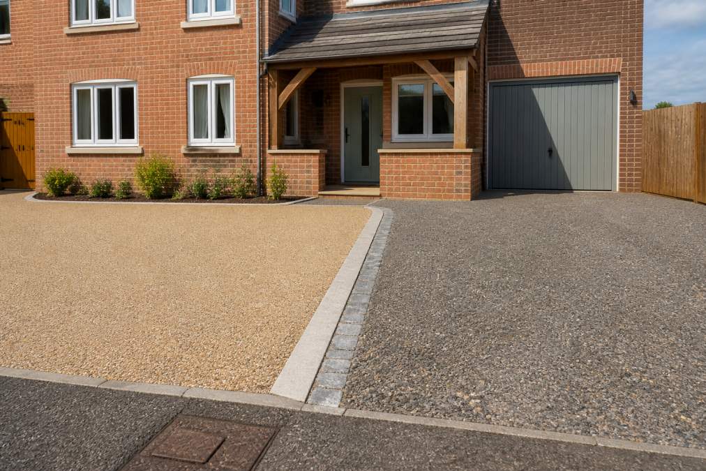 A newly finished resin bound driveway in a smooth aggregate finish beside a traditional tar and chip driveway with a textured, rustic surface, both in front of a British red brick house on a sunny day
