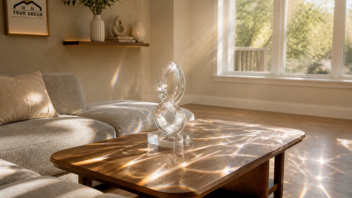 A bright living room with a clear acrylic sculpture on a coffee table, sunlight streaming through a window and casting glass-like reflections across the floor