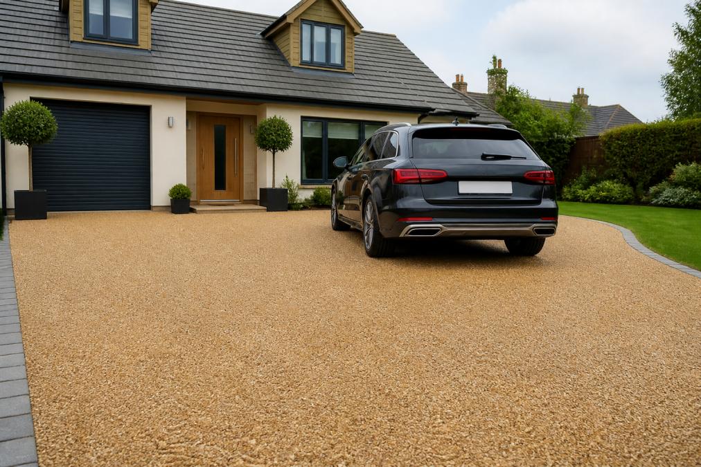 A close-up photograph of a newly installed resin bound driveway in a warm golden gravel colour, with a modern British home in the background and a family car parked on it