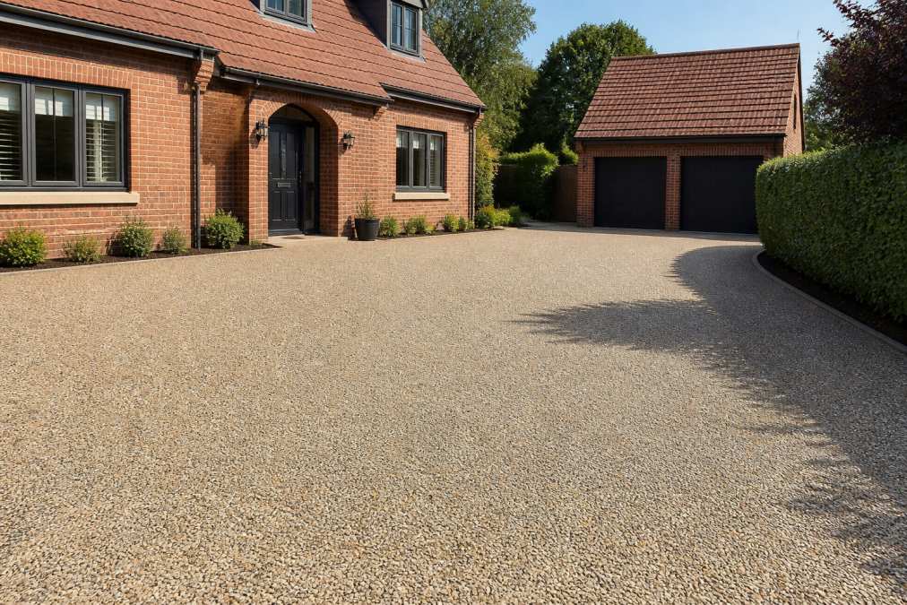 A finished resin bound driveway in front of a red brick Norfolk home, showing a warm cream and grey aggregate blend with a smooth, even surface catching afternoon light