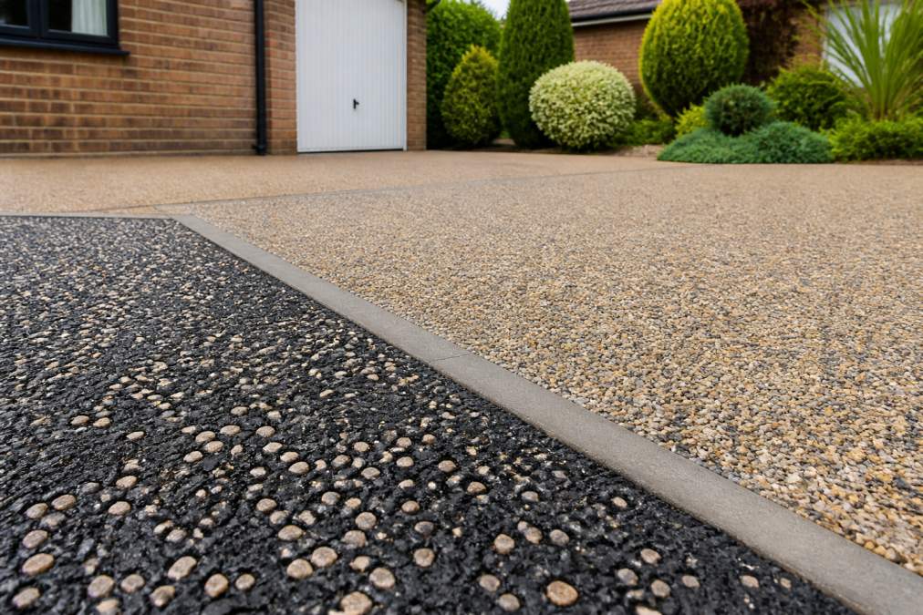 Close-up photograph of a newly installed resin bound driveway with smooth aggregate finish beside a section of hot tar and chip surfacing, showing the texture difference in a residential Norfolk setting
