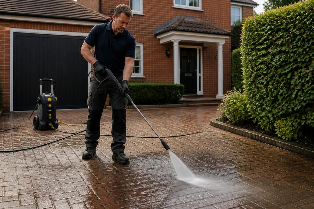 Homeowner using power washer on block paved driveway in action, showing cleaning and maintenance on a residential property with natural daylight