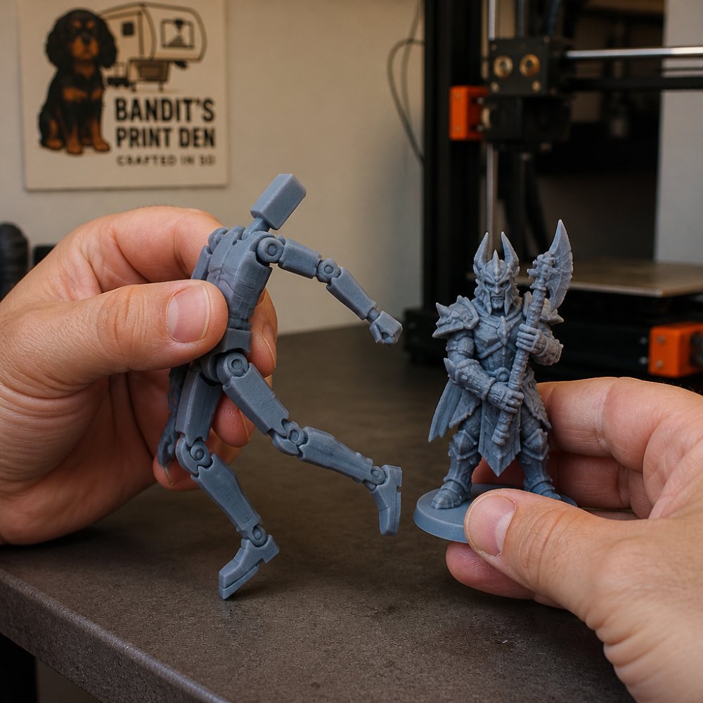 Close-up of hands holding a flexible TPU filament-printed articulated figure bending alongside a rigid resin-printed miniature, showing the tactile difference in material properties