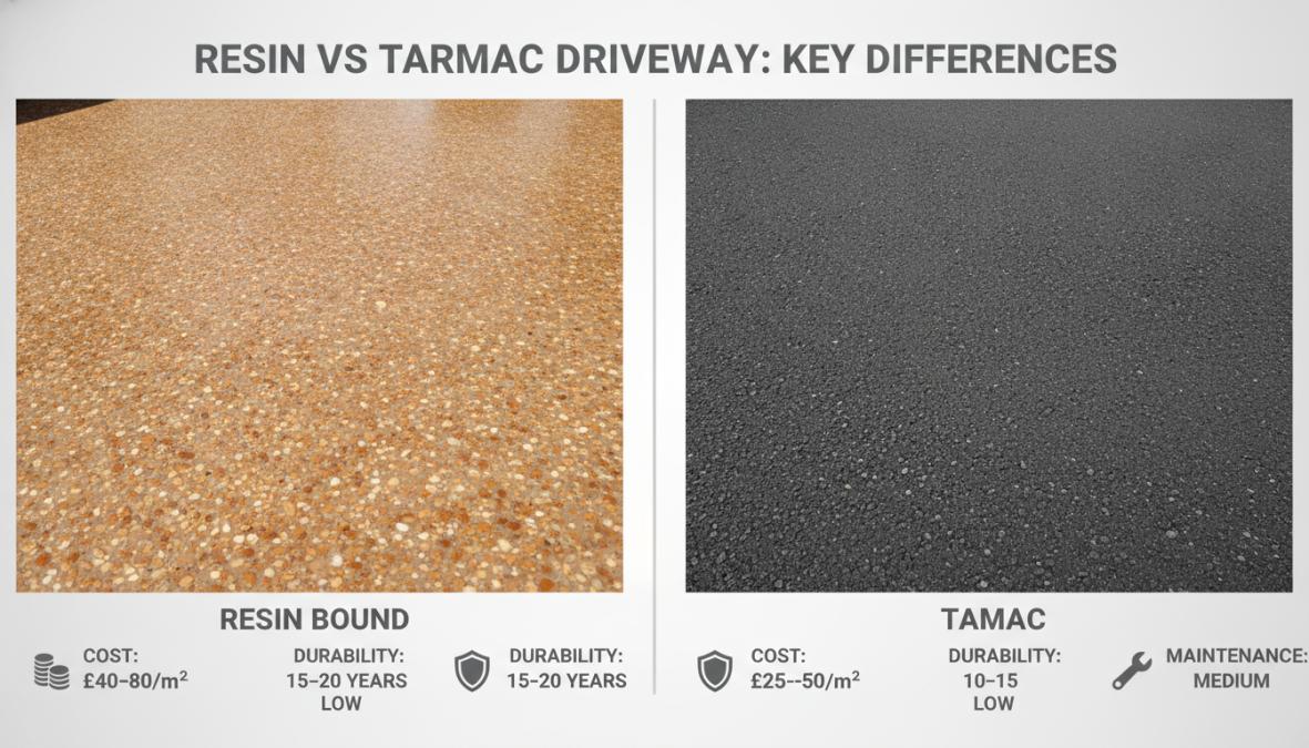 Side-by-side comparison of a finished resin bound driveway with decorative aggregate in warm earth tones next to a traditional dark tarmac surface, showing the visual contrast in color, texture, and reflectivity in natural daylight