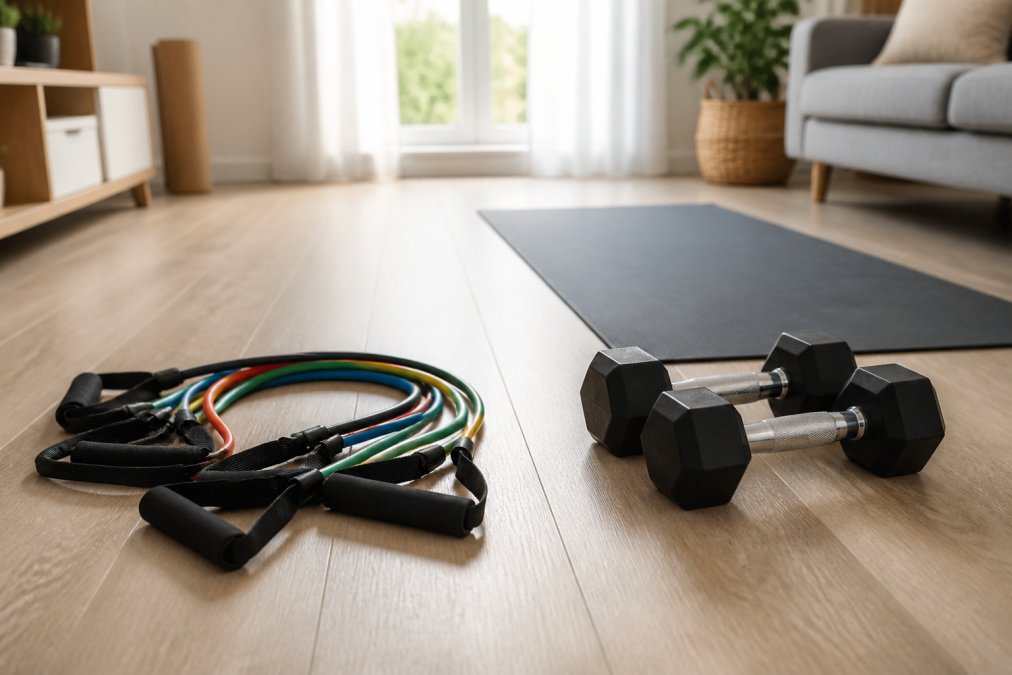 A side-by-side arrangement of resistance bands and a pair of dumbbells on a light wood floor in a bright home living room, with a yoga mat nearby and natural light from a window