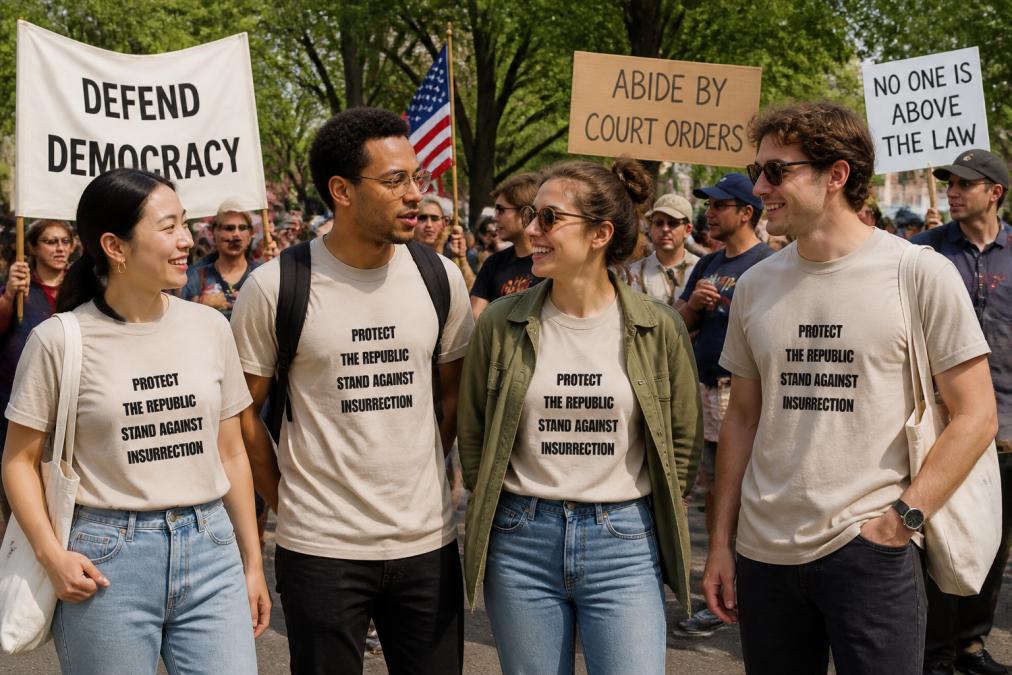 Diverse group of people wearing resistance t-shirts at an outdoor daytime gathering, showing varied styling from casual jeans and sneakers to layered looks with jackets, some carrying signs and banners, natural daylight illuminating the crowd