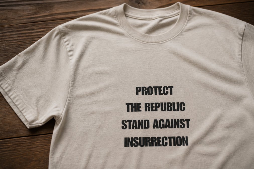 Close-up of a well-worn resistance t-shirt showing vibrant, crisp screen-printed text and visible reinforced stitching at seams after multiple washes, fabric showing rich color retention