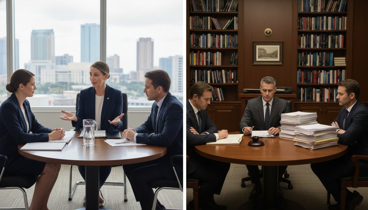 A professional mediator in business attire seated between two business partners at a round table, facilitating a calm discussion in a modern law office with large windows and neutral decor