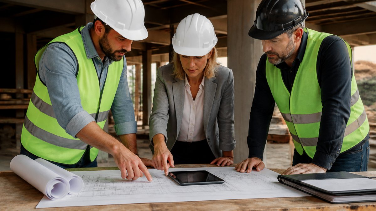 Architect, contractor, and project manager reviewing construction drawings together at a job site table with blueprints and tablet, discussing design coordination