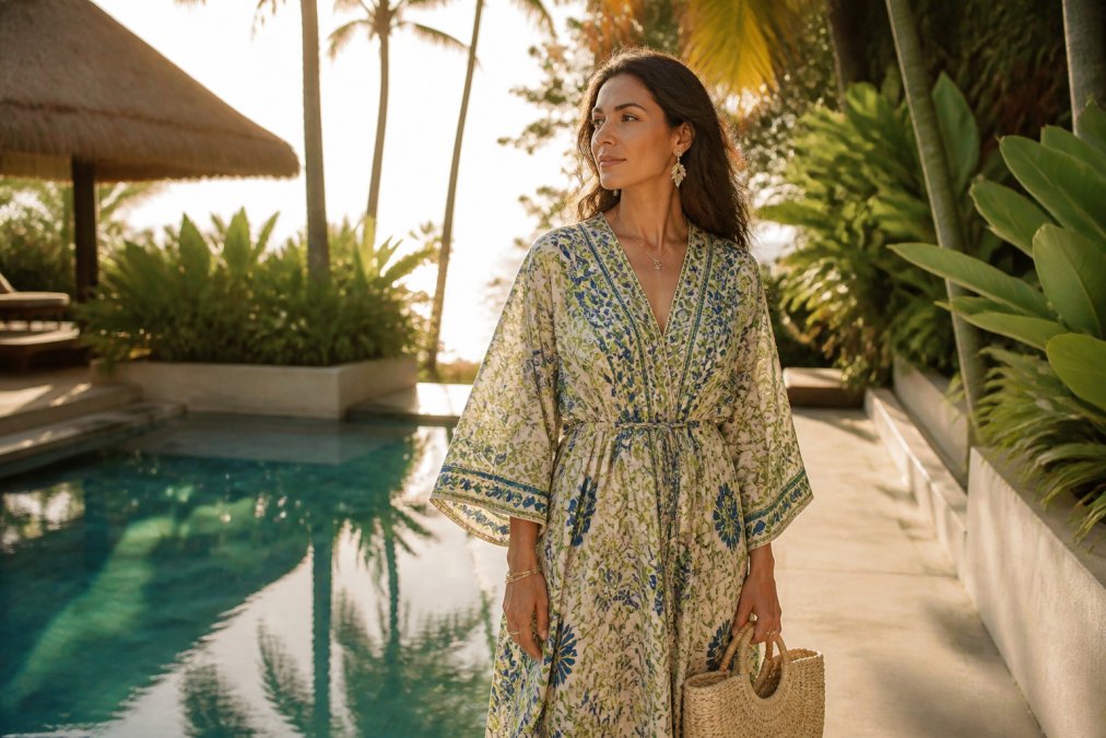 Woman wearing an elegant hand block-printed kaftan with refined accessories, standing in a tropical resort setting with soft golden hour lighting