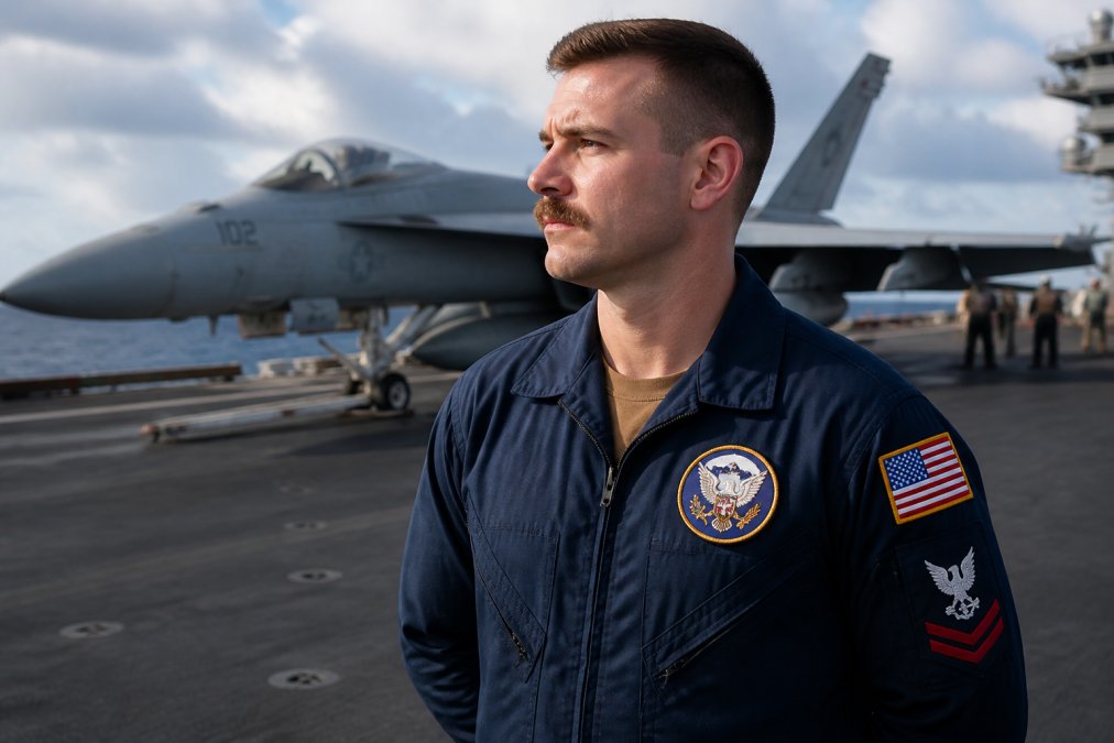 Service member or veteran wearing branch-specific military apparel with clear insignia visible on chest and sleeves, showing distinct Army, Navy, Air Force, Marine Corps, or Coast Guard emblem, photographed in natural outdoor lighting that highlights the uniform details and insignia