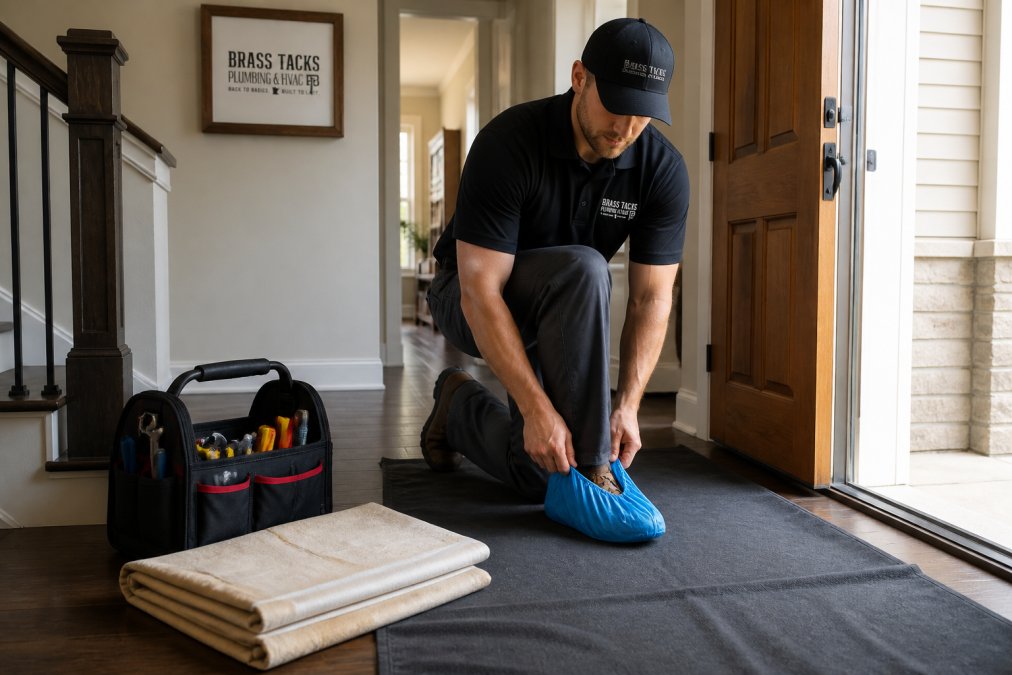 Plumbing technician laying floor mats and putting on shoe covers to provide respectful plumbing service in a home.