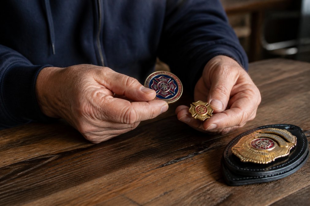 Close-up of a retired firefighter holding a challenge coin and shield pin in his hands, with his fire service badge visible in the background on a wooden table