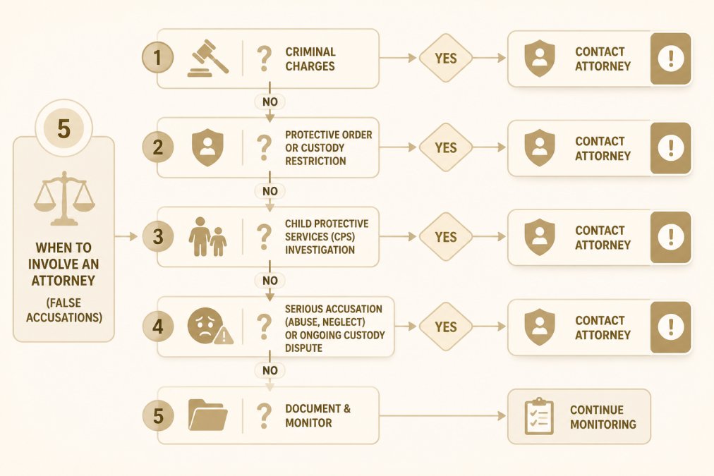 Flowchart decision tree for when to contact an attorney: Does the accusation involve criminal charges? → Yes: Contact attorney immediately. No: Is there a protective order or custody restriction? → Yes: Contact attorney immediately. No: Has child protective services opened an investigation? → Yes: Contact attorney immediately. No: Is the accusation serious (abuse, neglect) or part of an ongoing custody dispute? → Yes: Consult with attorney. No: Document everything and monitor the situation