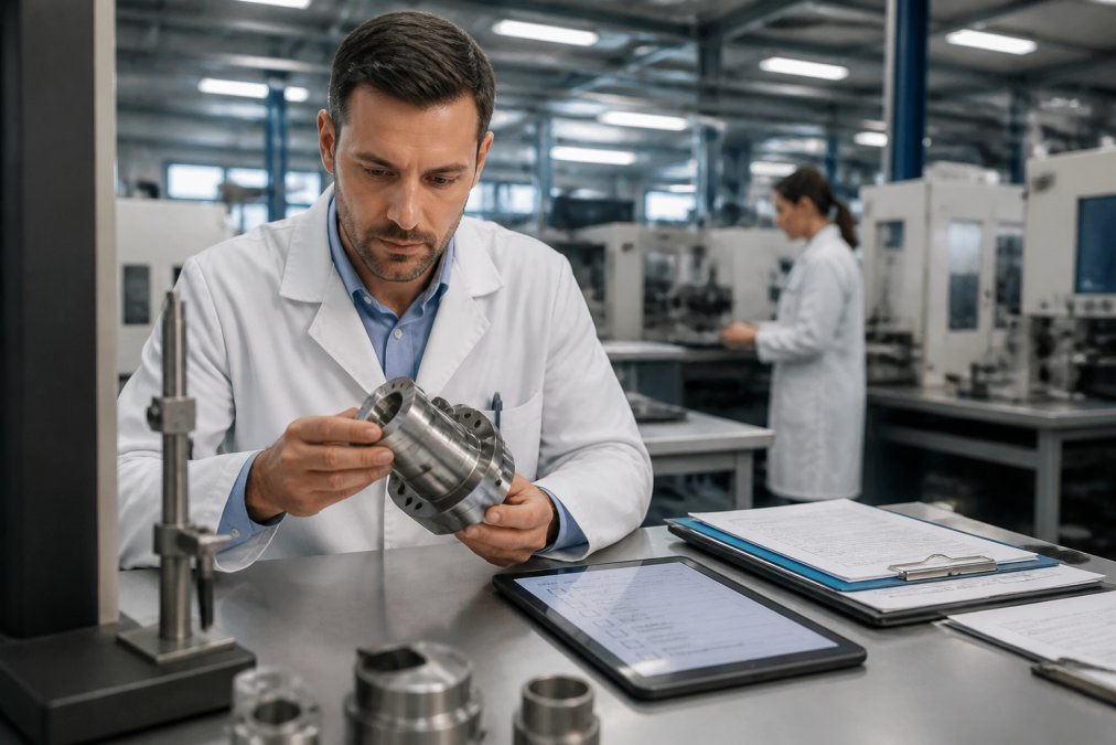 Responsabile qualità in camice bianco che esamina un componente metallico su un banco di lavoro in un reparto industriale pulito, tablet con checklist e documenti di certificazione accanto, luce fredda da capannone