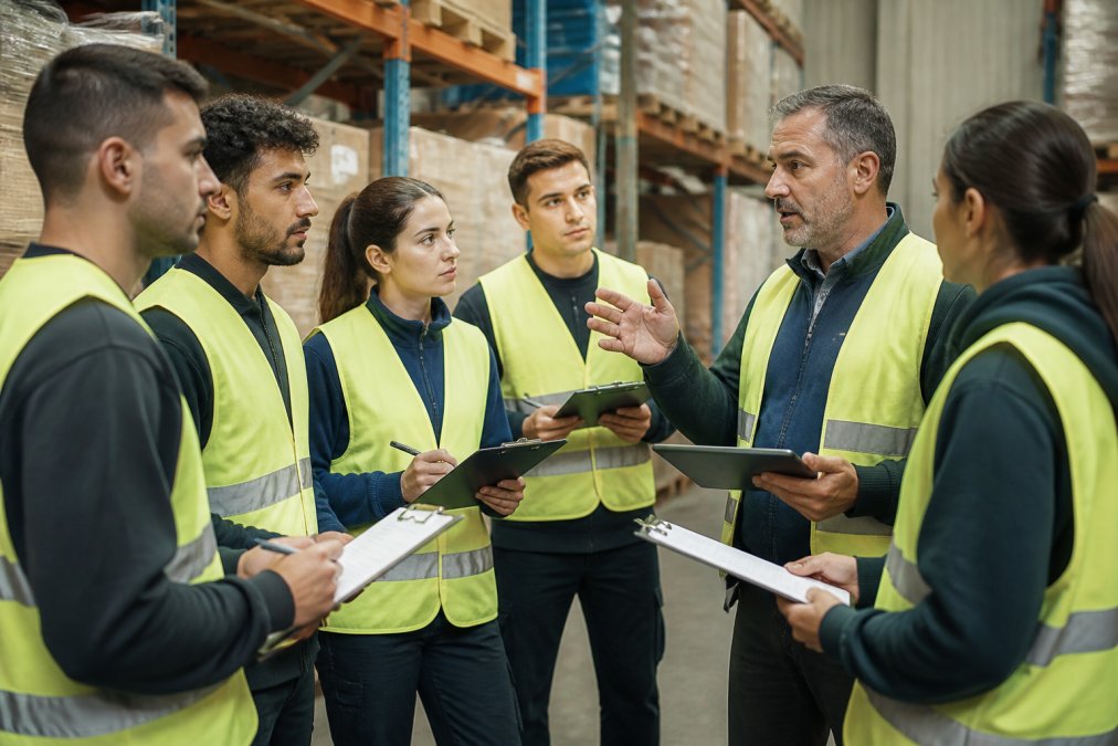 Responsabile di magazzino che illustra le procedure di controllo qualità a un gruppo di operatori esterni in un ambiente logistico industriale, con tablet e moduli cartacei in mano