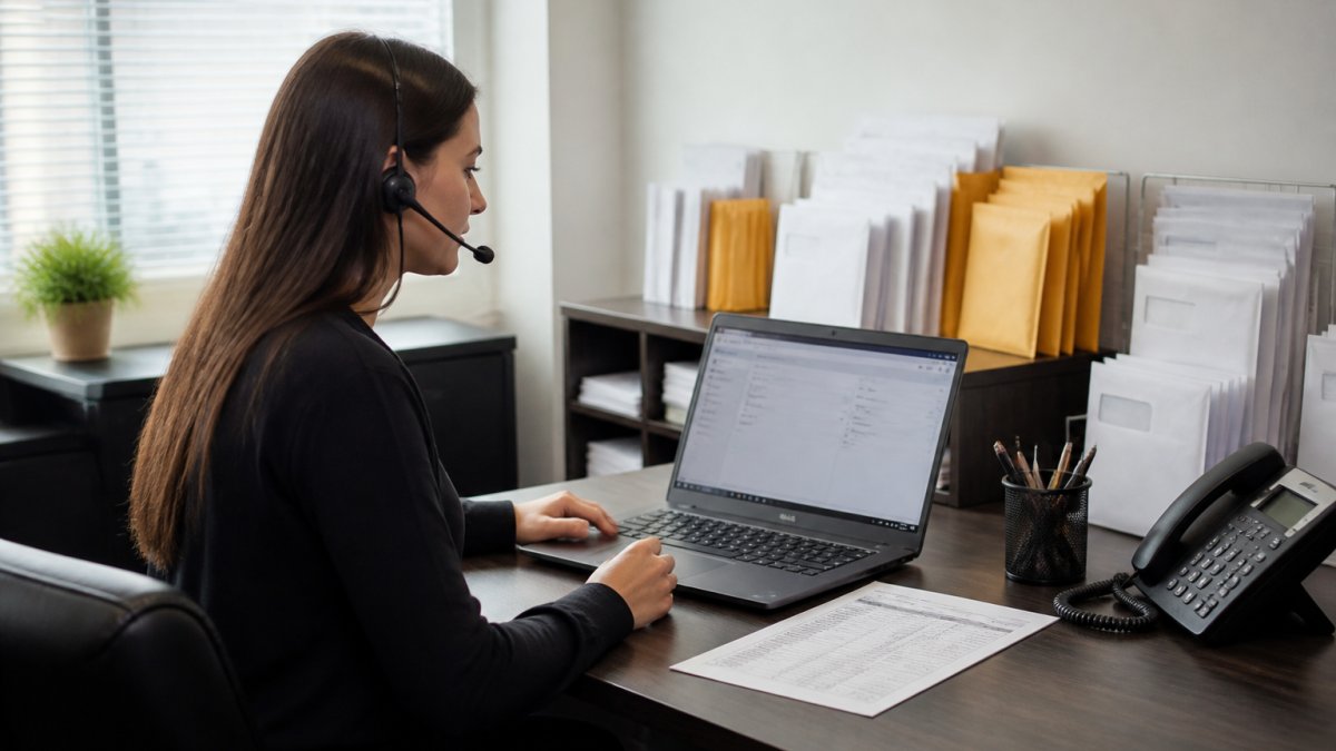 A customer support agent at a tidy desk with a headset, laptop showing a help desk dashboard, and a printed order sheet beside the keyboard, in a bright small-office setting
