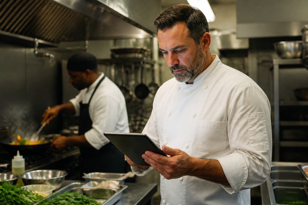 A restaurant owner in a chef's coat reviews inventory numbers on a tablet while a line cook sautes vegetables in the background of a busy commercial kitchen