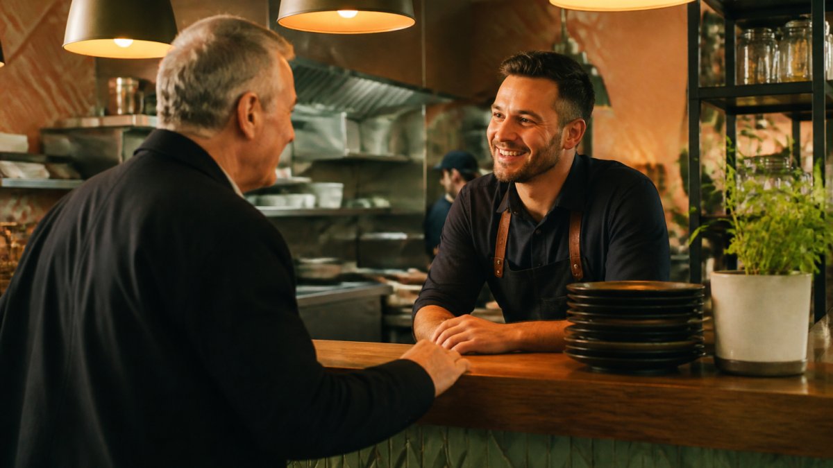 Regular customer being warmly greeted by name at a neighborhood restaurant counter, server smiling in recognition, warm ambient lighting from pendant lamps overhead