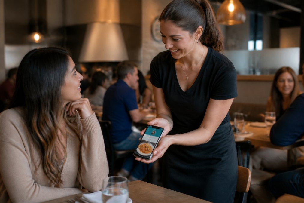 Restaurant server smiling while showing customer their phone displaying a loyalty membership card and exclusive offer in modern casual dining setting with warm lighting