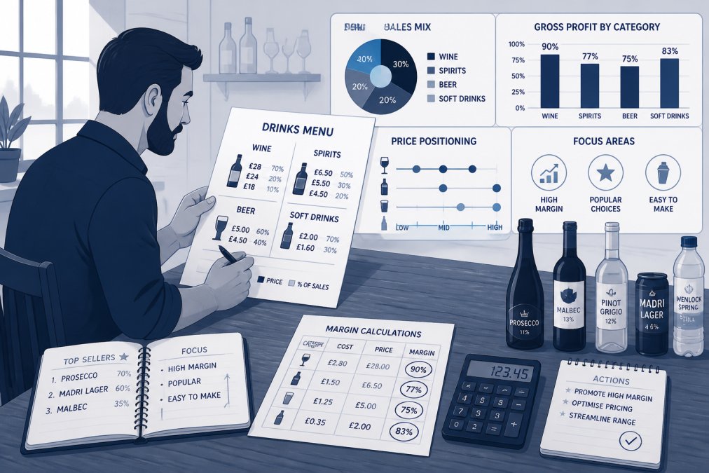 Bar manager reviewing a printed drinks menu with pen in hand, seated at a wooden table with notes and calculations visible, natural daylight streaming through windows