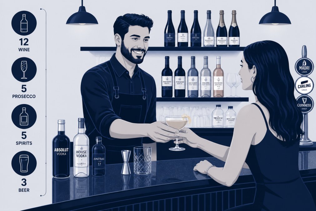 Bartender serving a craft cocktail to a customer across a polished bar counter, with bottles and glassware visible in the background, professional hospitality setting with warm lighting