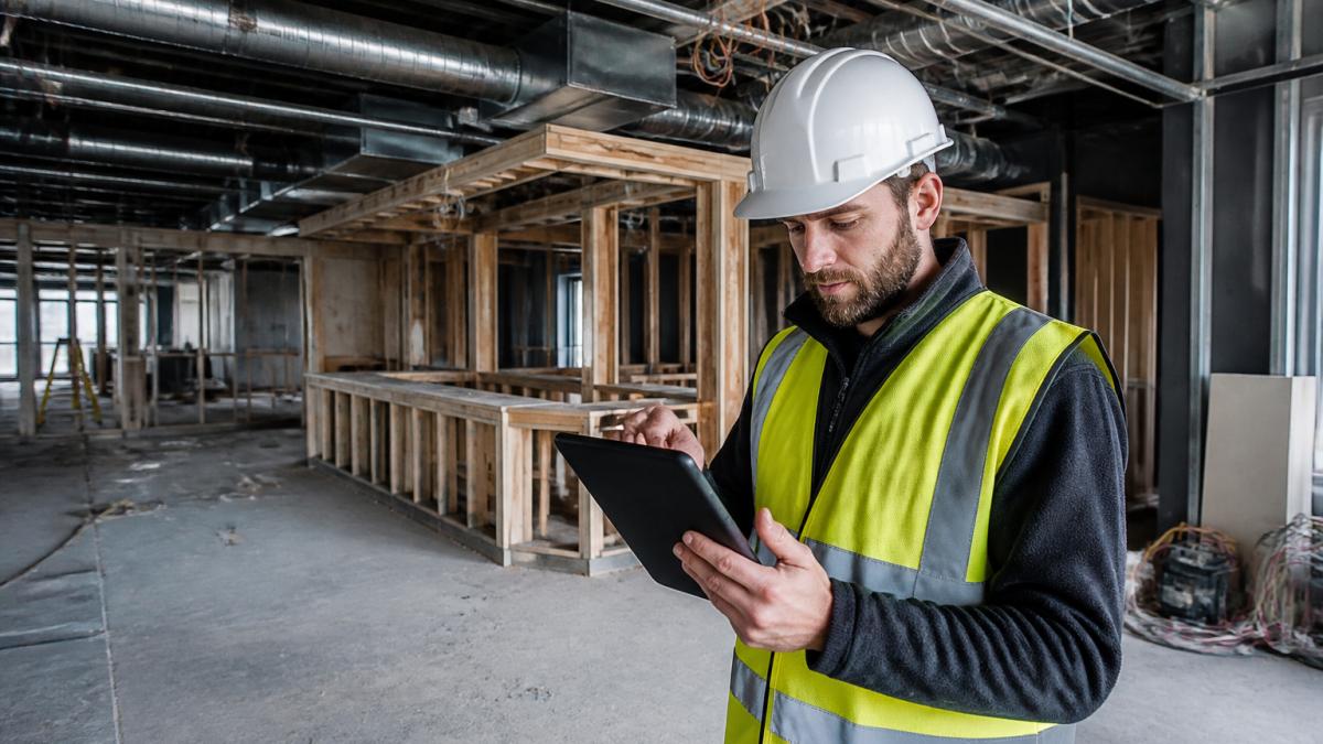A site manager in a high-visibility vest reviewing plans on a tablet inside a stripped-back restaurant shell, with exposed ceiling services and joinery frames visible behind him
