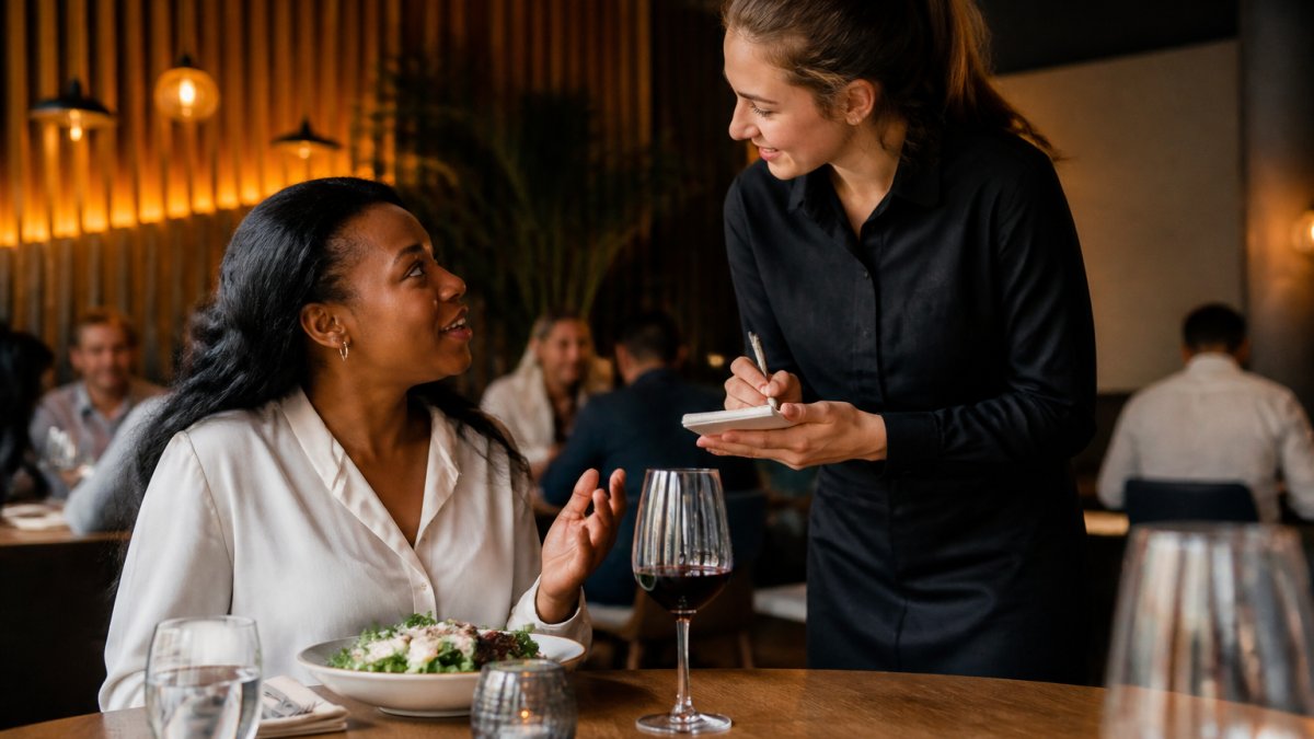 A server attentively listening to a guest at a table, leaning in with notepad, warm restaurant lighting and wooden accents in the background