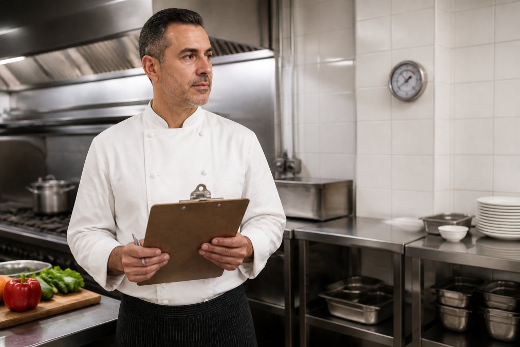 Restaurant manager checking a kitchen safety code list in a clean commercial kitchen with stainless steel surfaces