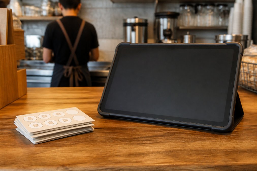 A restaurant counter with a small stack of paper punch cards next to a tablet displaying a digital loyalty screen, warm cafe lighting