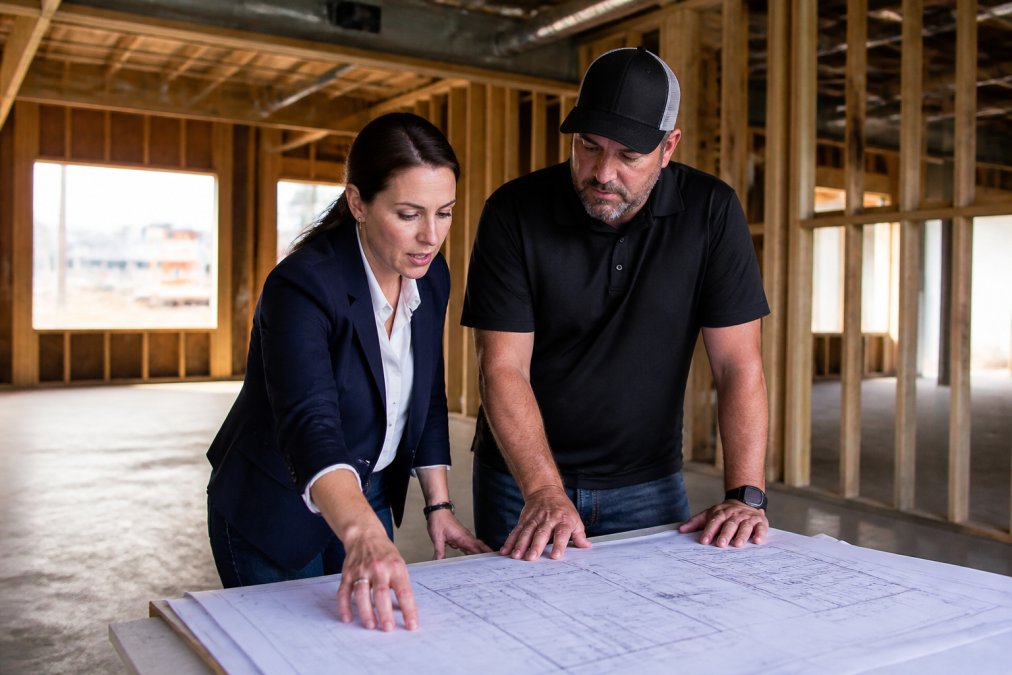A restaurant architect and a franchise owner reviewing a set of large architectural blueprints at a construction site, a partially framed interior with exposed studs and concrete floor visible behind them, natural daylight from unfinished window openings