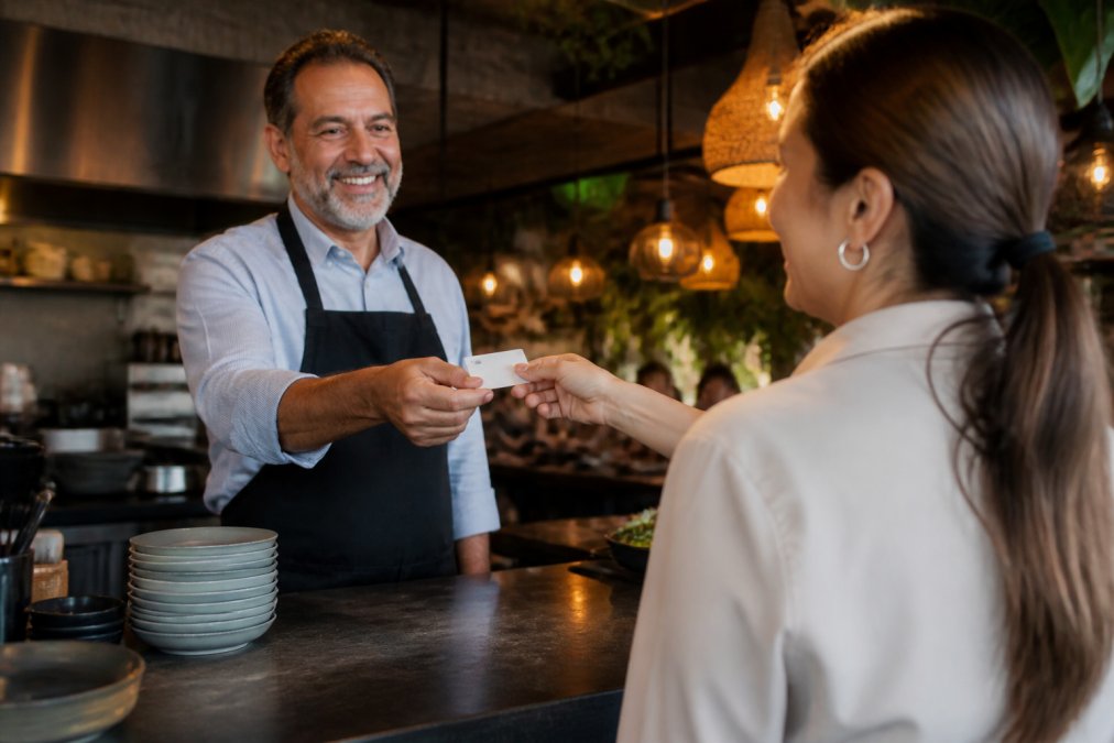 A smiling restaurant owner handing a loyalty membership card to a happy customer at the counter, warm ambient lighting, inviting atmosphere in the background