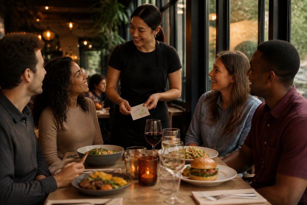 Group of friends dining together at a local restaurant, smiling while server presents a special offer card to the table with warm ambient lighting