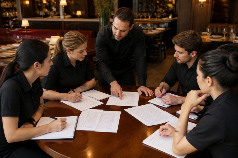 Manager leading a staff training session with servers reviewing printed scripts and notepads at a restaurant table.