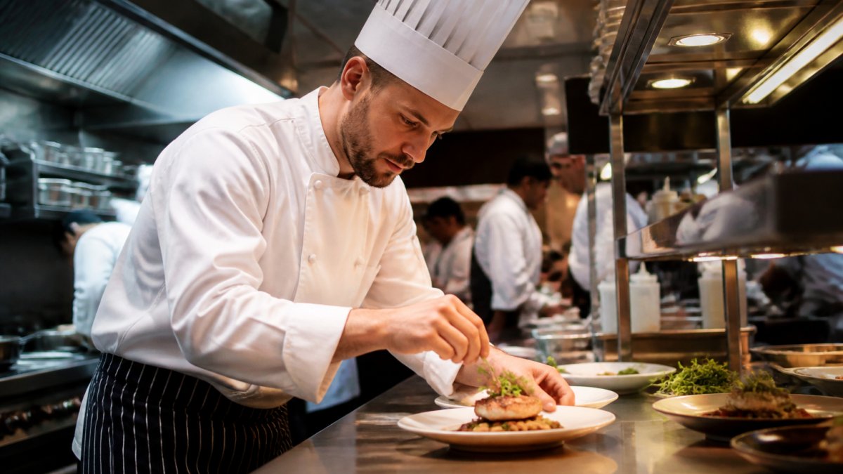 Professional chef plating food in a busy kitchen, reflecting the high standards of restaurant staffing agencies.