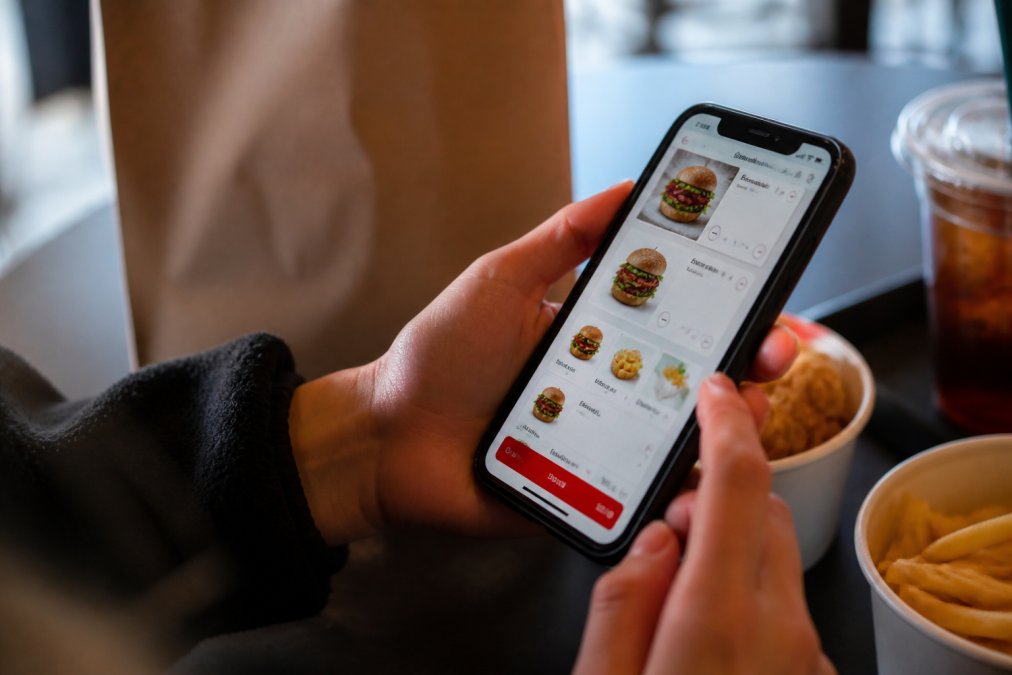 Close-up of a smartphone screen displaying a mobile ordering app with food items displayed, cart total visible, and checkout button highlighted in bright lighting