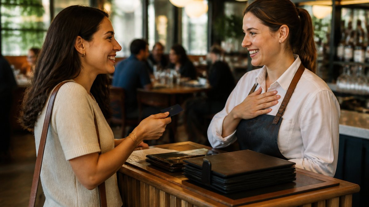 A smiling regular customer presenting a membership card at a restaurant counter while a server greets them warmly with recognition in a modern casual dining setting