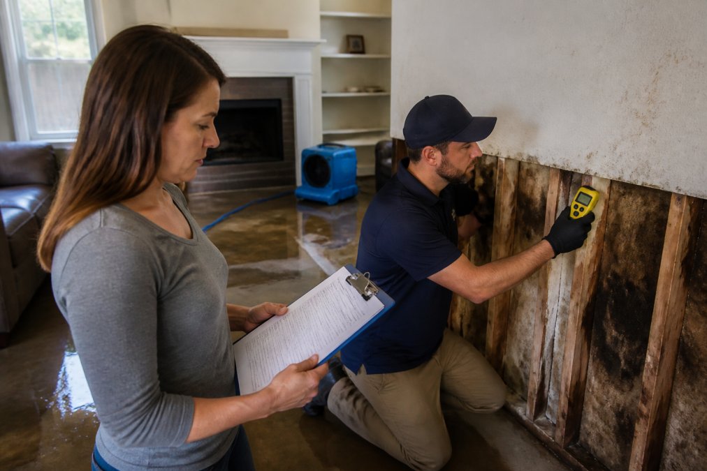 A homeowner standing in a water-damaged living room, looking at a clipboard with a restoration estimate while a technician in uniform points at moisture readings on a wall