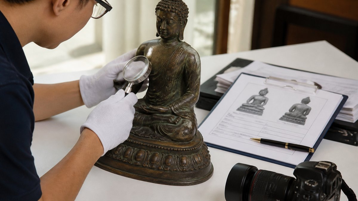 Processus infographique pour l'éthique de la restauration documentant l'état et le rapport de provenance d'une statue de Bouddha en bronze