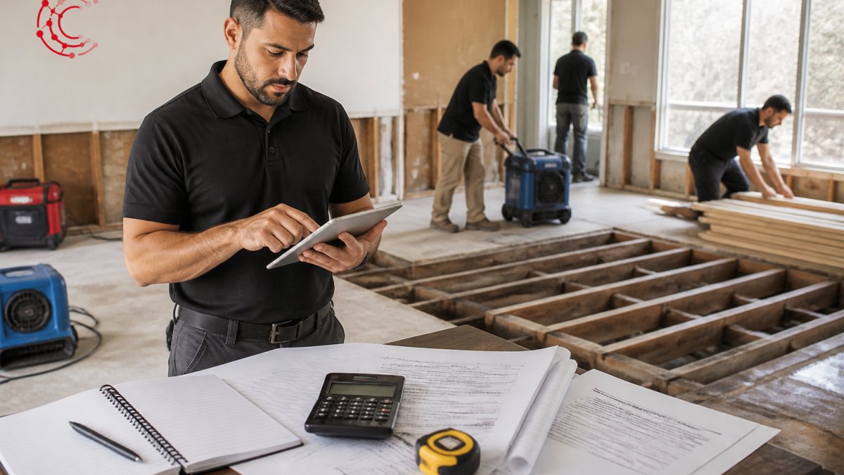 Restoration crew member documenting labor hours on tablet while others handle materials and equipment on water-damaged property site in natural daylight