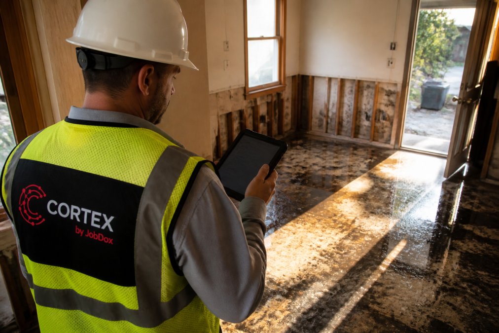 A project manager in a hard hat and safety vest reviewing a tablet showing budget dashboards on a residential restoration job site, sunlight casting long shadows across water-damaged flooring