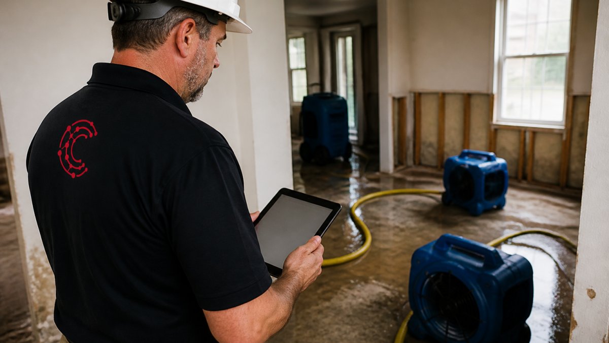 A restoration project manager in a hard hat reviewing job status on a tablet inside a water-damaged room with drying equipment visible