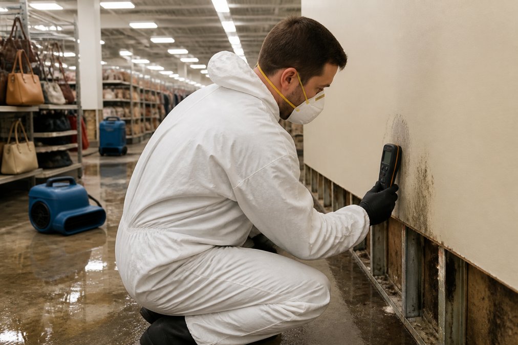 A restoration technician in protective gear using a moisture meter on a wall inside a large retail store, with commercial shelving and wet flooring visible in the background