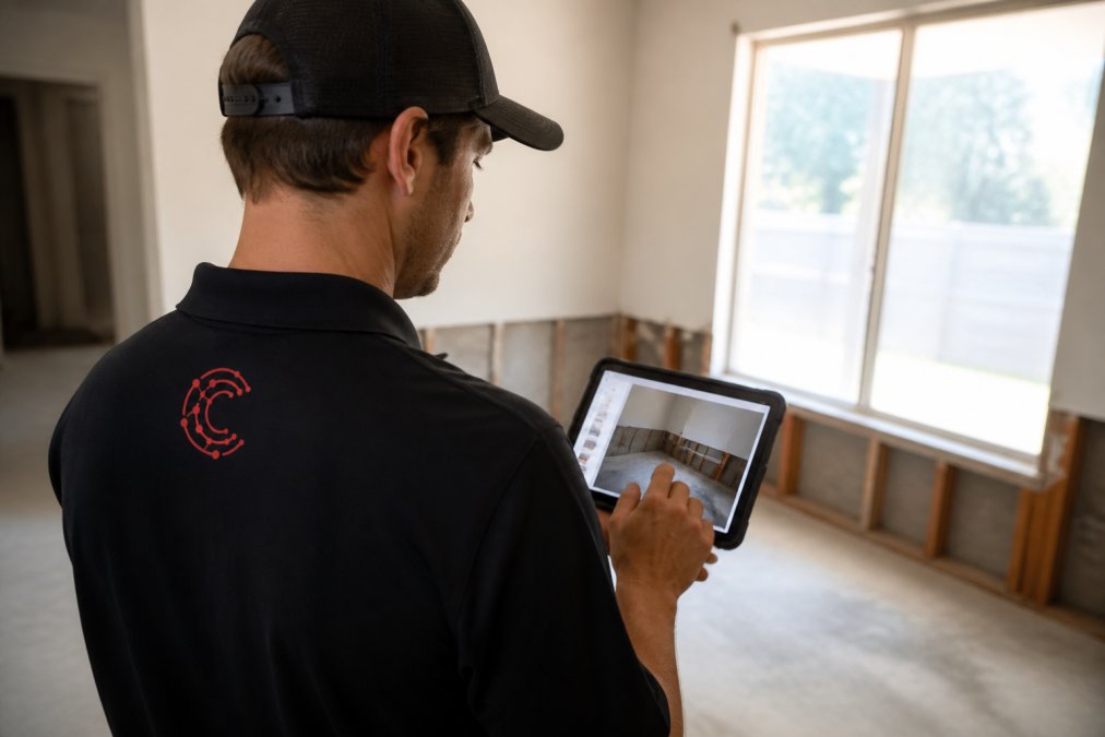 Restoration crew member on job site using tablet to document damage with app interface visible on screen, natural daylight illuminating the work area