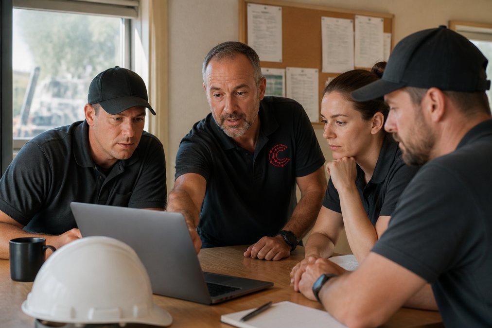 Project manager training a restoration team on new software implementation during a site meeting