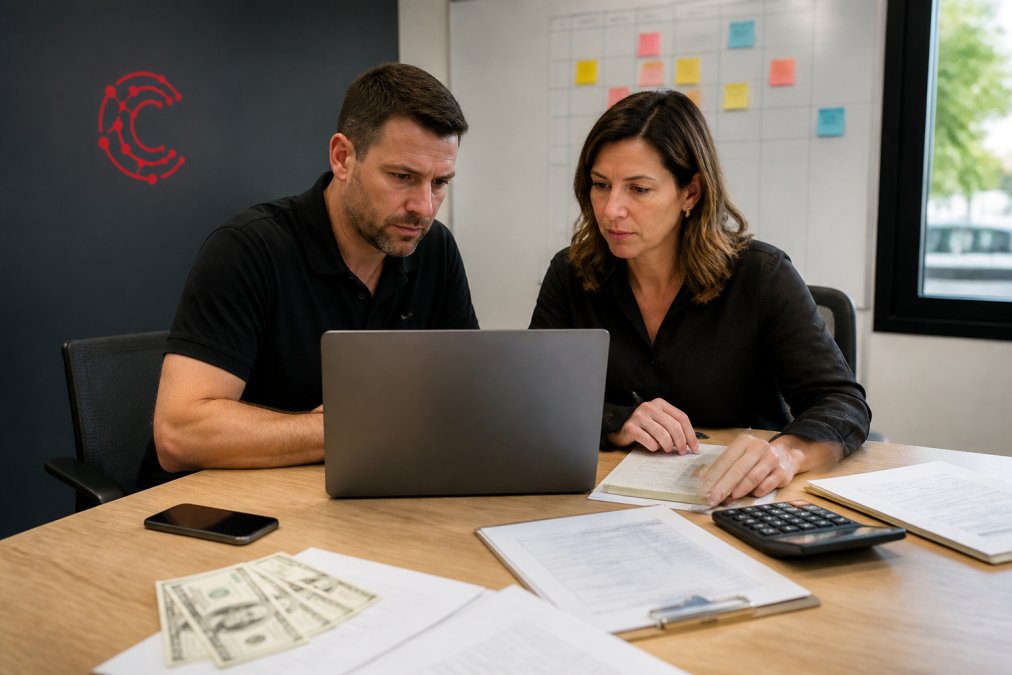 Restoration company team reviewing subscription tiers and restoration software pricing on a laptop in their office