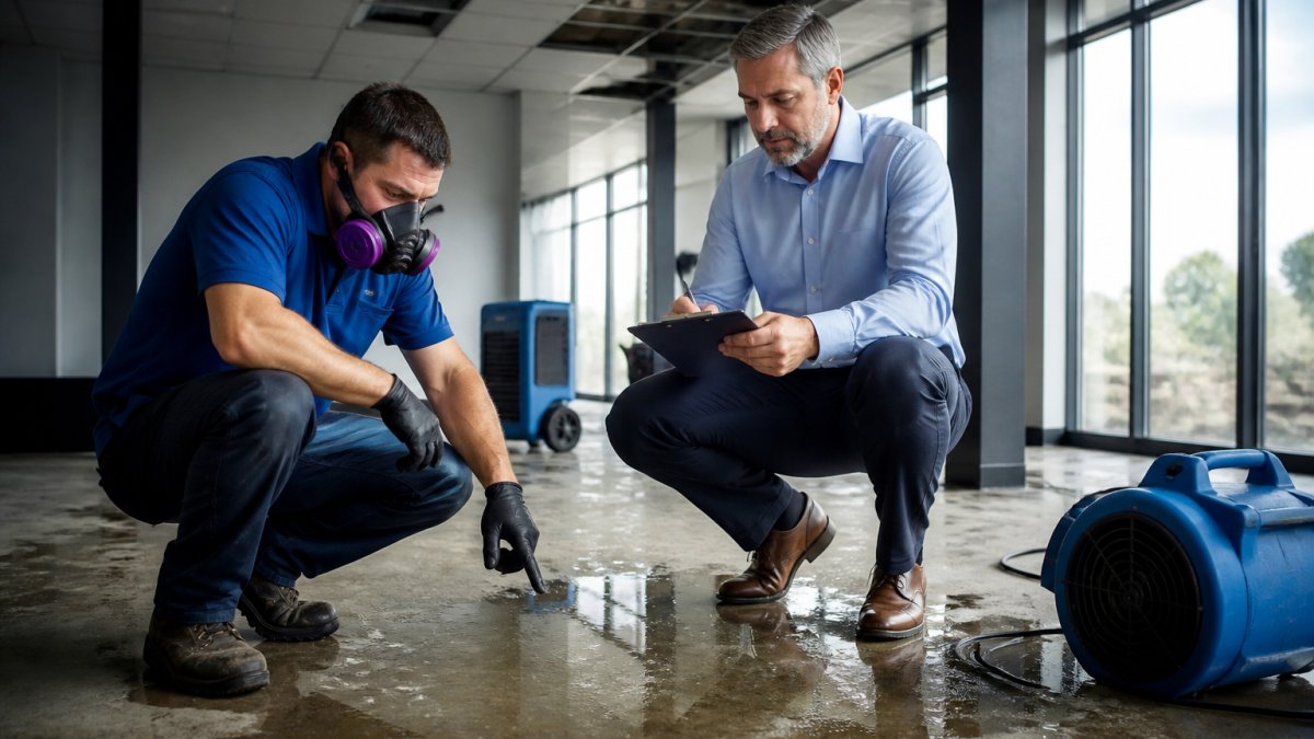 IICRC-certified restoration technician in protective gear and respirator assessing water damage in commercial building, with property manager in business attire reviewing documentation on tablet