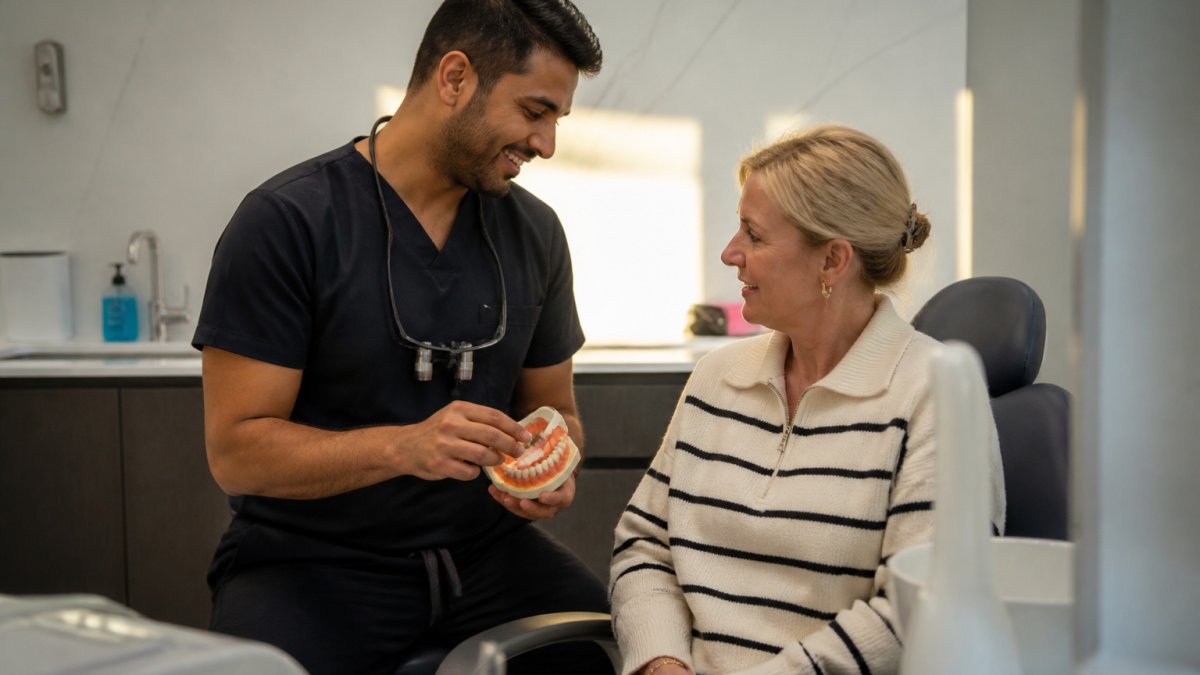 A dentist in a bright, calm treatment room showing a patient a dental model and explaining a treatment plan, both looking relaxed and engaged